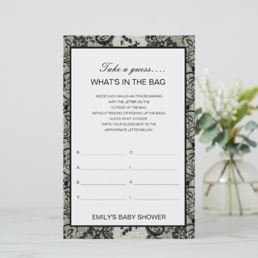 Bewerkbaar wat is er in het Bag Baby shower Game (Staand voorkant)