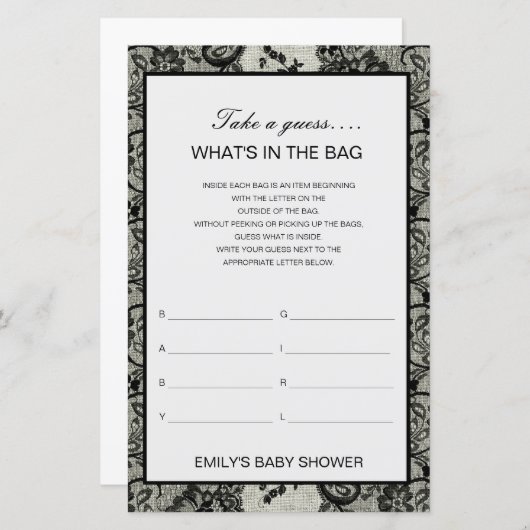 Bewerkbaar wat is er in het Bag Baby shower Game (Voorkant / Achterkant)