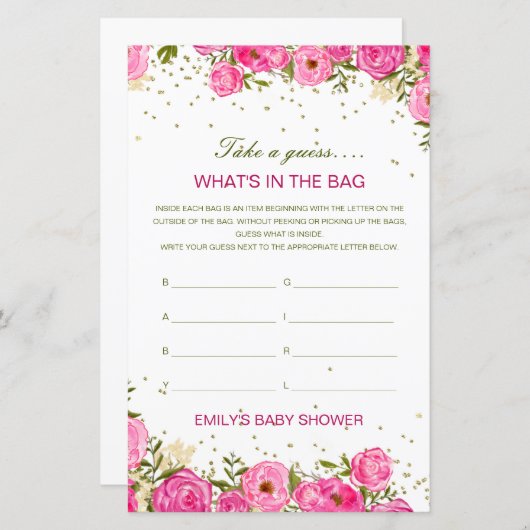 Bewerkbaar wat is er in het Bag Baby shower Game (Voorkant / Achterkant)