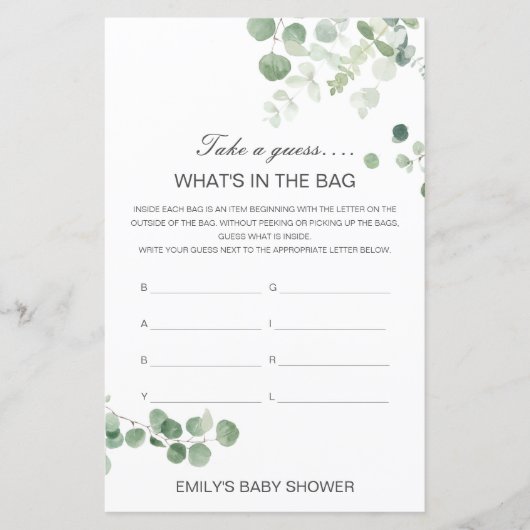 Bewerkbaar wat is er in het Bag Baby shower Game (Voorkant)