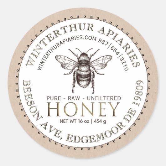 Bewerkbaar White en Kraft Honey Jar Bee Label (Voorkant)
