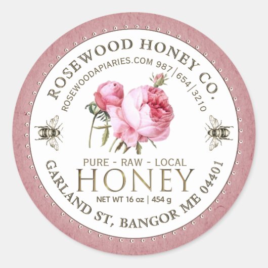 Bewerkbaar Wit Rose Kraft Honey Jar Bee Label (Voorkant)