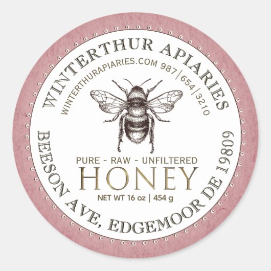 Bewerkbaar Wit Rose Kraft Honey Jar Bee Label (Voorkant)