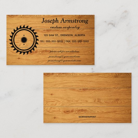 Bewerkbaar zaagblad op houttimmerwerk visitekaartje (Voorkant / Achterkant)