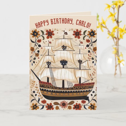 Bewerkbaar Zeilschip Verjaardag Kaart (Gele Bloem)