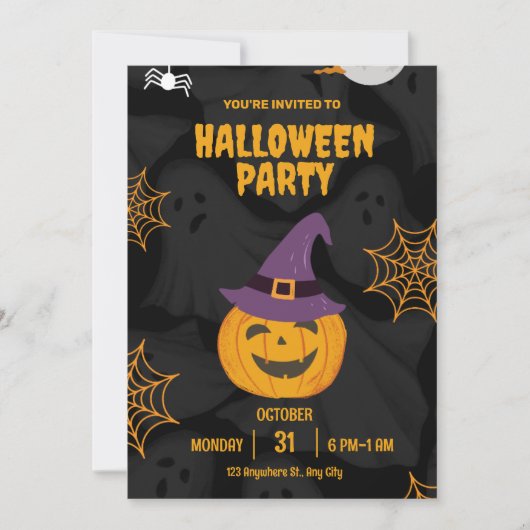 Bewerkbaar Zwart Sinaasappel Pumbkin Halloween Par Kaart (Voorkant)