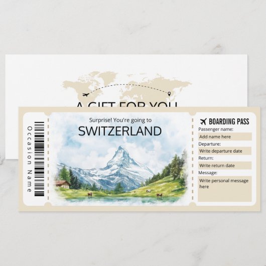 Bewerkbaar Zwitserland Vliegticket, Zwitserland Kaart (Voorkant / Achterkant)