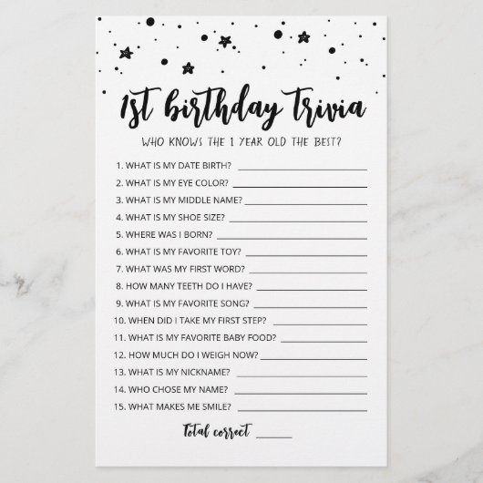 Bewerkbare 1e verjaardag trivia Verjaardagsfeestje (Voorkant)
