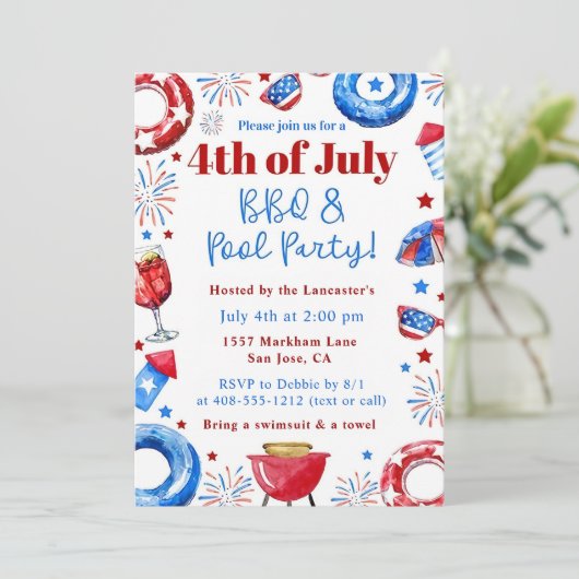 Bewerkbare 4 juli BBQ & Pool Party uitnodiging (Staand voorkant)