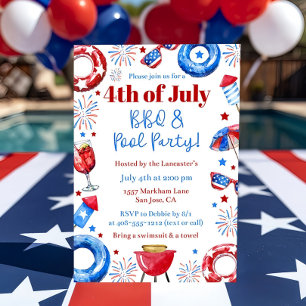 Bewerkbare 4 juli BBQ & Pool Party uitnodiging