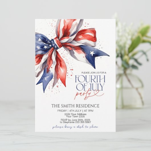 Bewerkbare 4 juli feestuitnodiging met Red Whi Kaart (Staand voorkant)