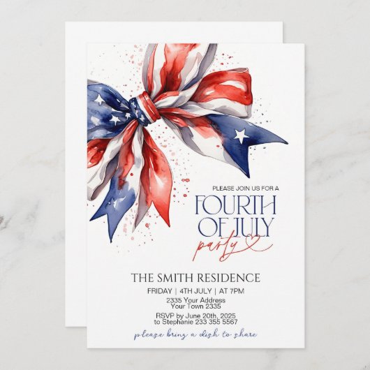 Bewerkbare 4 juli feestuitnodiging met Red Whi Kaart (Voorkant / Achterkant)