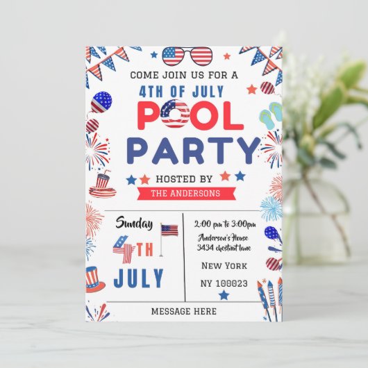 Bewerkbare 4 juli Pool Party Independence Day Kaart (Staand voorkant)