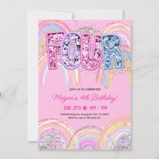 Bewerkbare 4e verjaardag Uitnodiging Meisje Bewerk (Voorkant)