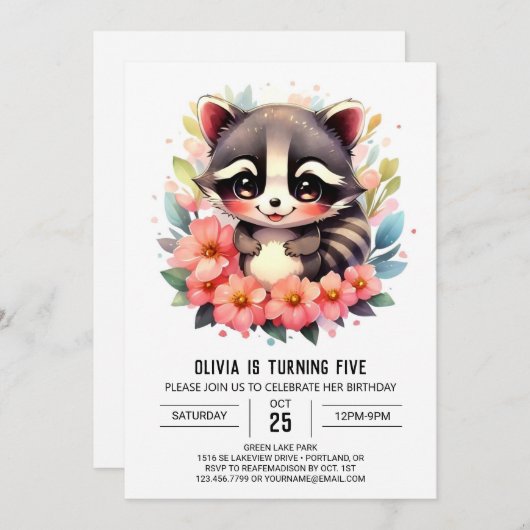 Bewerkbare aangepaste wasbeer meisje verjaardag kaart (Voorkant / Achterkant)