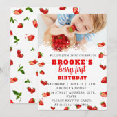 Bewerkbare aardbei 1e verjaardag uitnodiging (Voorkant / Achterkant)