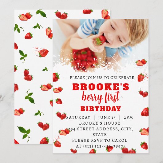 Bewerkbare aardbei 1e verjaardag uitnodiging (Voorkant / Achterkant)