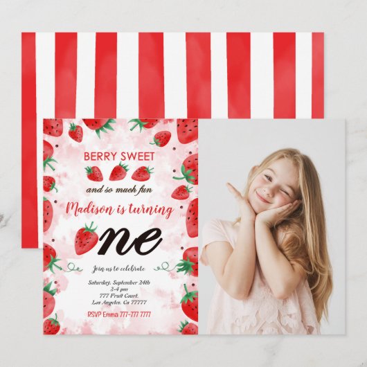 Bewerkbare aardbei verjaardagsfoto uitnodiging (Voorkant / Achterkant)