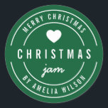 BEWERKBARE Achtergrond Kleur Merry Christmas Jam Ronde Sticker<br><div class="desc">Rond Modern Bold "Merry Christmas Jam" sticker met een hart en dubbele rand in wit tegen een achtergrondkleur die bewerkbaar is (klik op aanpassen en achtergrondkleur wijzigen). Het is perfect voor het labelen van wat je hebt gemaakt. Personaliseer het door de tekst van de tijdelijke aanduiding te vervangen. Voor meer...</div>