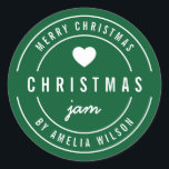 BEWERKBARE Achtergrond Kleur Merry Christmas Jam Ronde Sticker<br><div class="desc">Rond Modern Bold "Merry Christmas Jam" sticker met een hart en dubbele rand in wit tegen een achtergrondkleur die bewerkbaar is (klik op aanpassen en achtergrondkleur wijzigen). Het is perfect voor het labelen van wat je hebt gemaakt. Personaliseer het door de tekst van de tijdelijke aanduiding te vervangen. Voor meer...</div>