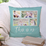 Bewerkbare achtergrondkleur Dit is ons fotocollage Kussen<br><div class="desc">Kussen met de woorden "this is us" in een witte stijlvolle script met 4 foto's met een witte rand eromheen, naast elkaar geplaatst op de voor- en achterkant, waardoor er in totaal 8 foto's zijn die je kunt vervangen door je eigen foto's tegen een bewerkbare achtergrondkleur (klik op "aanpassen" om...</div>