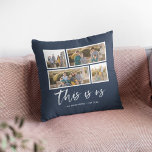 Bewerkbare achtergrondkleur Dit zijn wij Fotocolla Kussen<br><div class="desc">Kussen met de woorden "this is us" in een wit stijlvol schrift met 4 foto's met een witte rand eromheen naast elkaar op de voor- en achterkant, waardoor er in totaal 8 foto's zijn die je kunt vervangen door je eigen foto's tegen een bewerkbare achtergrondkleur (klik op "aanpassen" om de...</div>