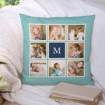 Bewerkbare achtergrondkleur Monogram foto collage Kussen<br><div class="desc">Monogramkussen met 8 vierkante foto's in een rasterlay-out met een witte rand eromheen op de voor- en achterkant, waardoor er in totaal 16 foto's zijn die je kunt vervangen door je eigen foto's, allemaal tegen een bewerkbare achtergrondkleur (klik op "aanpassen" om de achtergrondkleur te wijzigen). Je kunt ook je familie-initiaal...</div>