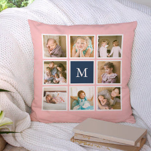 Bewerkbare achtergrondkleur Monogram Fotocollage Kussen
