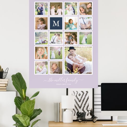Bewerkbare achtergrondkleur Monogram Fotocollage Poster (Thuiskantoor)