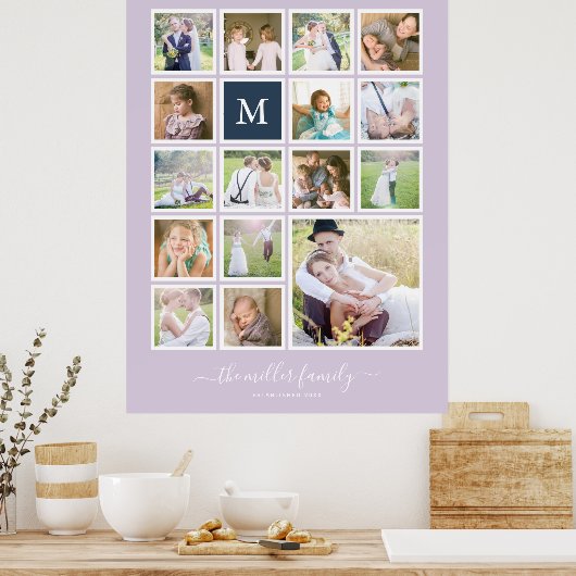 Bewerkbare achtergrondkleur Monogram Fotocollage Poster (Keuken)