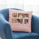 Bewerkbare achtergrondkleur onze familie foto coll kussen<br><div class="desc">Kussen met de woorden "Onze Familie" in een wit stijlvol schrift met 4 foto's met een witte rand eromheen, naast elkaar gerangschikt op de voor- en achterkant, waardoor het in totaal 8 foto's zijn die je kunt vervangen door je eigen foto's tegen een bewerkbare achtergrondkleur (klik op "aanpassen" om de...</div>