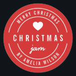 BEWERKBARE Achtergrondkleur Prettig Kerstfeest Jam Ronde Sticker<br><div class="desc">Ronde sticker "Merry Christmas Jam" in het vet met een hart en een dubbele rand in het wit tegen een achtergrondkleur die aanpasbaar is (klik op "aanpassen" en wijzig de achtergrondkleur). Het is perfect om te labelen wat je hebt gemaakt.</div>