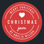 BEWERKBARE Achtergrondkleur Prettig Kerstfeest Jam Ronde Sticker<br><div class="desc">Ronde sticker "Merry Christmas Jam" in het vet met een hart en een dubbele rand in het wit tegen een achtergrondkleur die aanpasbaar is (klik op "aanpassen" en wijzig de achtergrondkleur). Het is perfect om te labelen wat je hebt gemaakt.</div>