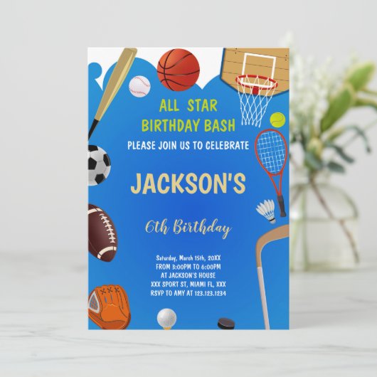 Bewerkbare All-Star Athletic Party Nodig voor jong Kaart (Staand voorkant)