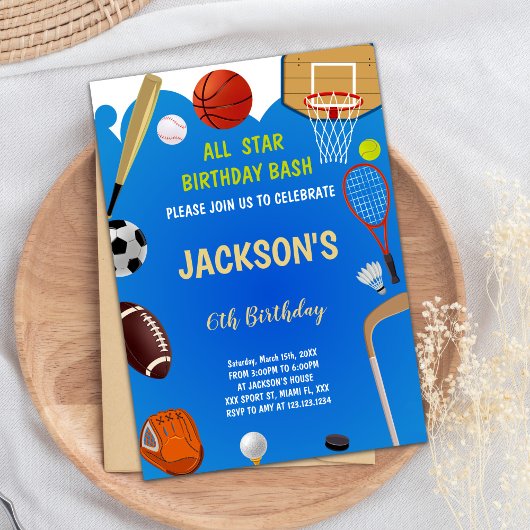 Bewerkbare All-Star Athletic Party Nodig voor jong Kaart