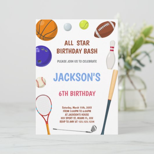 Bewerkbare All-Star Boys Athletic Party Uitnodigen Kaart (Staand voorkant)