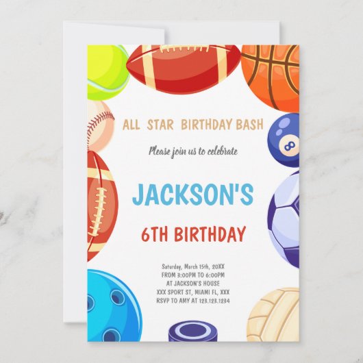 Bewerkbare All-Star Multi-Sport Party Uitnodiging (Voorkant)