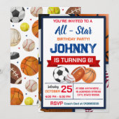 Bewerkbare All Star Sports verjaardagsfeestuitnodi Kaart (Voorkant / Achterkant)