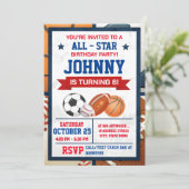 Bewerkbare All Star Sports verjaardagsfeestuitnodi Kaart (Staand voorkant)