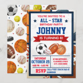 Bewerkbare All Star Sports verjaardagsfeestuitnodi Kaart (Voorkant / Achterkant)
