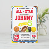 Bewerkbare All Star Sports verjaardagsfeestuitnodi Kaart (Staand voorkant)