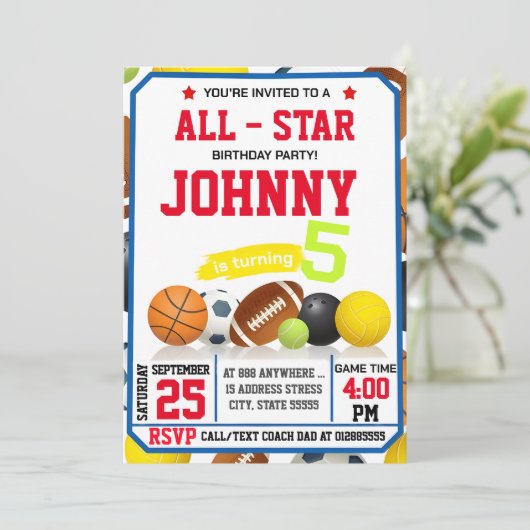 Bewerkbare All Star Sports verjaardagsfeestuitnodi Kaart (Staand voorkant)