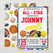 Bewerkbare All Star Sports verjaardagsfeestuitnodi Kaart (Voorkant / Achterkant)