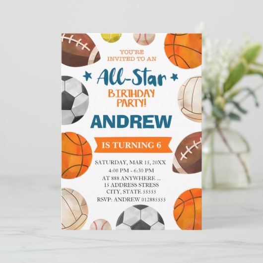 Bewerkbare All Star Sports verjaardagsuitnodiging Kaart (Staand voorkant)