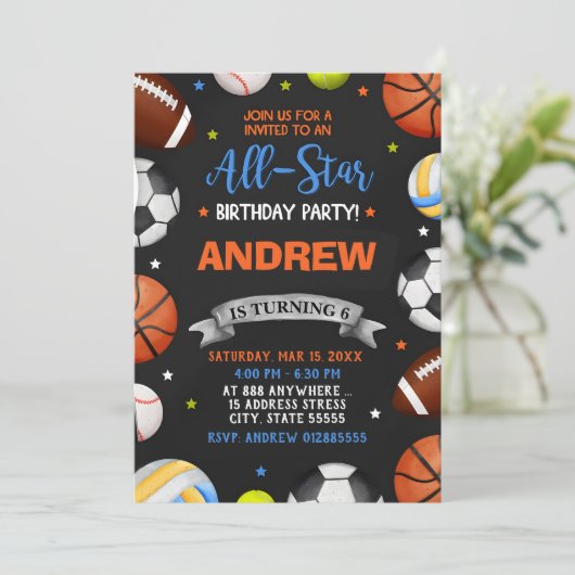 Bewerkbare All Star Sports verjaardagsuitnodiging Kaart (Staand voorkant)