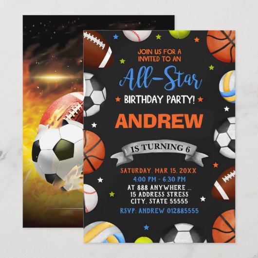 Bewerkbare All Star Sports verjaardagsuitnodiging Kaart (Voorkant / Achterkant)