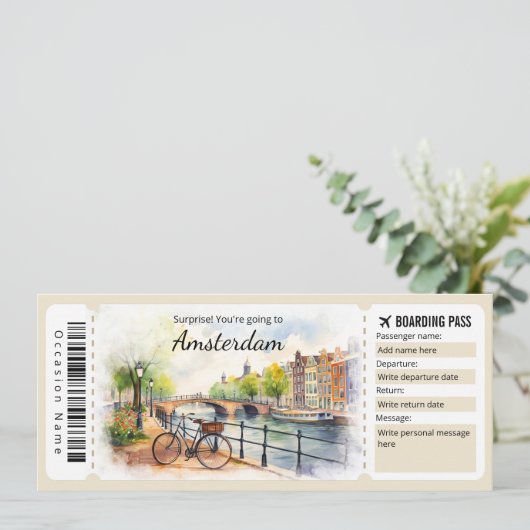 Bewerkbare Amsterdam Boarding Pass Vliegticket Kaart (Staand voorkant)