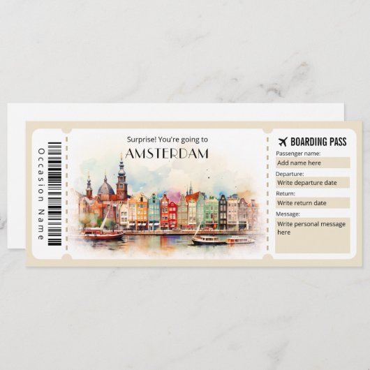 Bewerkbare Amsterdam Boarding Pass Vliegticket Kaart (Voorkant / Achterkant)