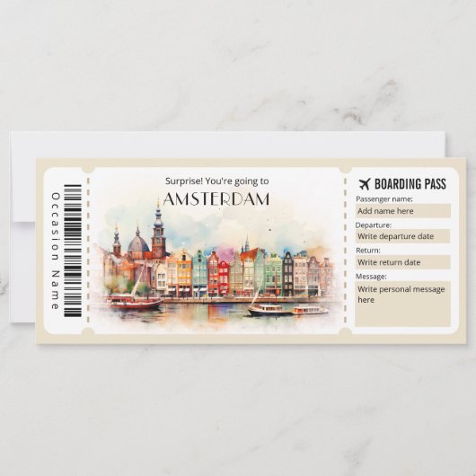 Bewerkbare Amsterdam Boarding Pass Vliegticket Kaart (Voorkant)