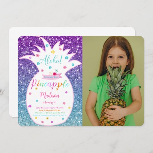 Bewerkbare ananas verjaardag foto uitnodiging (Voorkant / Achterkant)